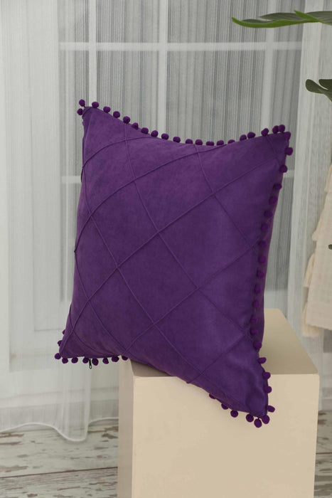 غطاء وسادة مبطن من بوهو مع كرات بوم على الحواف، غطاء وسادة بلون سادة مقاس 45.72 × 45.72 سم هدية الترحيب بالمنزل الجديد، K-245