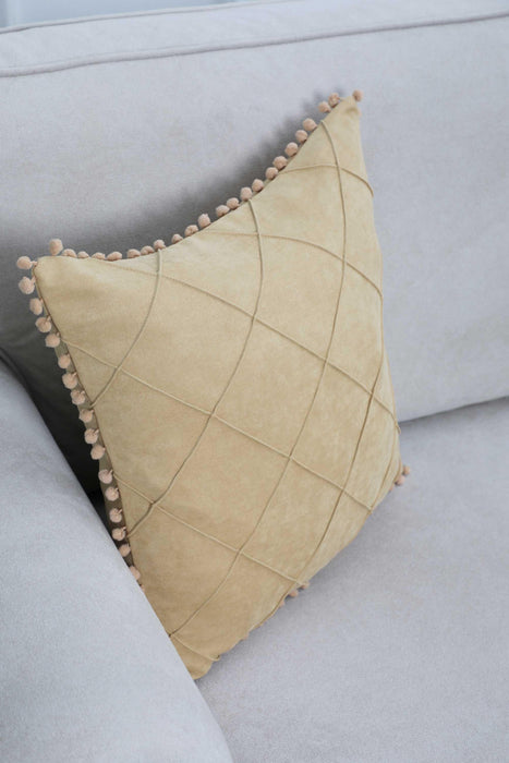 غطاء وسادة مبطن من بوهو مع كرات بوم على الحواف، غطاء وسادة بلون سادة مقاس 45.72 × 45.72 سم هدية الترحيب بالمنزل الجديد، K-245