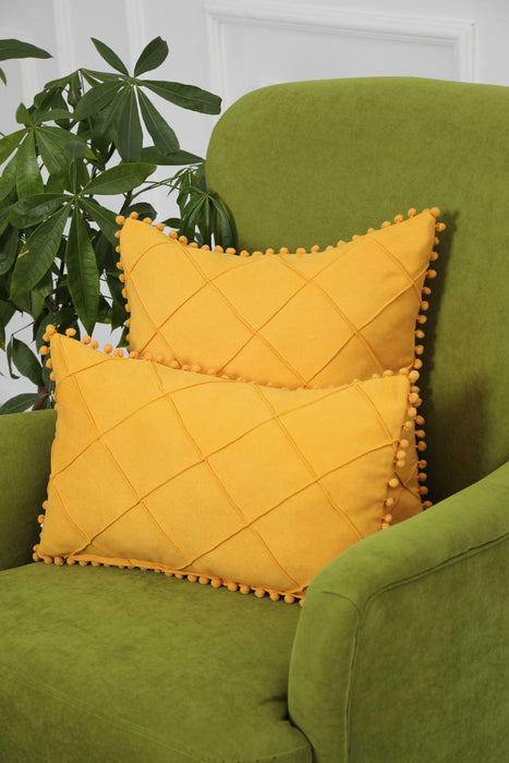 Boho Rectangle Polyester Decorative Throw Pillow Covers with Pom-poms 45 x 45 cm Cushion Covers for Couch Pillow Case for Sofa Couch,K-245
