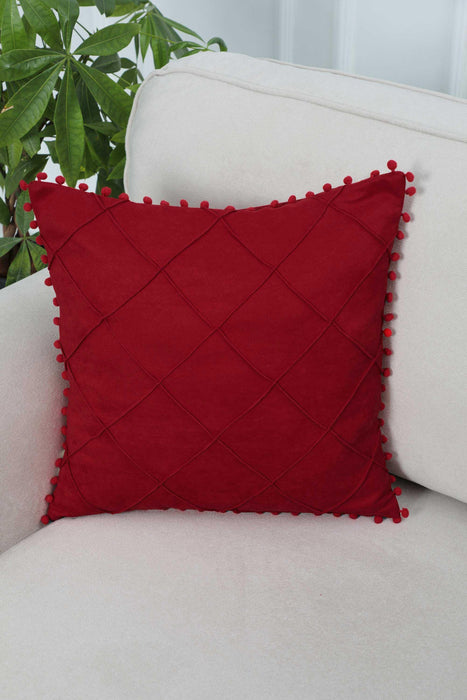 Boho Quilted Throw Pillow Cover with Pom-poms on the Edges, 18x18 Inches Plain Solid Colour Cushion Cover for Housewarming Gift,K-245