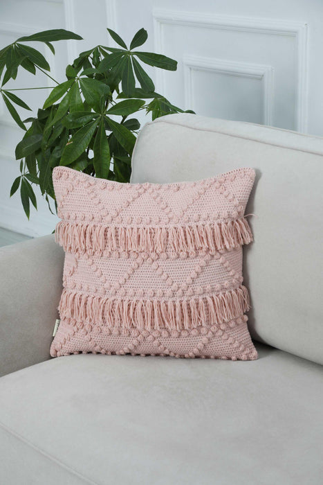 Boho Solid Throw Pillow Cover with Pom-poms made from Knit Fabric, 18x18 Inches Tasseled Cushion Cover for Elegant Home Decorations,K-267