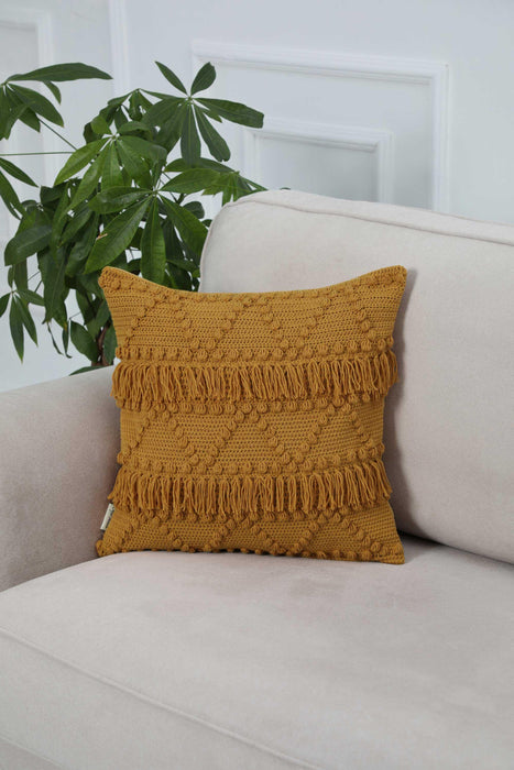 Boho Solid Throw Pillow Cover with Pom-poms made from Knit Fabric, 18x18 Inches Tasseled Cushion Cover for Elegant Home Decorations,K-267