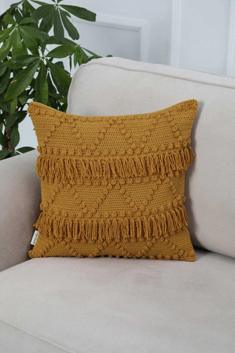 Boho Solid Throw Pillow Cover with Pom-poms made from Knit Fabric, 18x18 Inches Tasseled Cushion Cover for Elegant Home Decorations,K-267