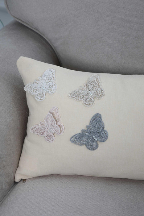 Solid Throw Pillow Cover with Lace Flying Butterflies, 20x12 Trendy Pillow Cover for Housewarming Gift, Fashionable Pillow Design,K-261