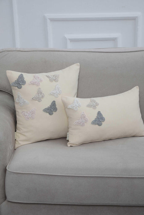 Solid Throw Pillow Cover with Lace Flying Butterflies, 20x12 Trendy Pillow Cover for Housewarming Gift, Fashionable Pillow Design,K-261