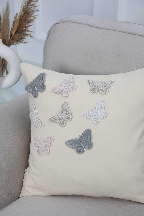 Fashionable Butterfly Pillow Cover, 18x18 Natural Linen Cushion Cover with Lace Butterflies, High Quality Animal Figured Pillow Cover,K-262