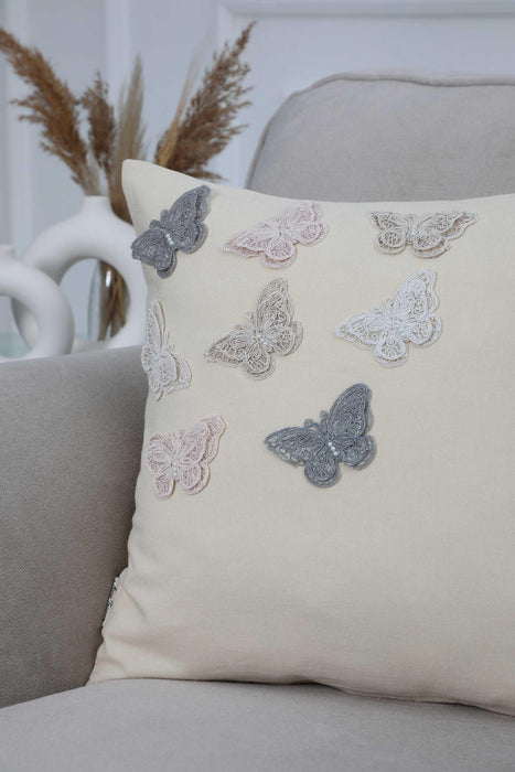 Fashionable Butterfly Pillow Cover, 18x18 Natural Linen Cushion Cover with Lace Butterflies, High Quality Animal Figured Pillow Cover,K-262