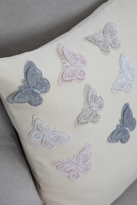 Fashionable Butterfly Pillow Cover, 18x18 Natural Linen Cushion Cover with Lace Butterflies, High Quality Animal Figured Pillow Cover,K-262