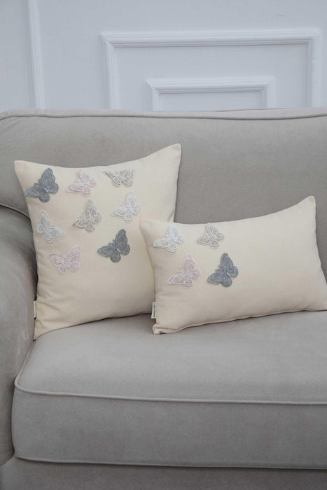 Fashionable Butterfly Pillow Cover, 18x18 Natural Linen Cushion Cover with Lace Butterflies, High Quality Animal Figured Pillow Cover,K-262