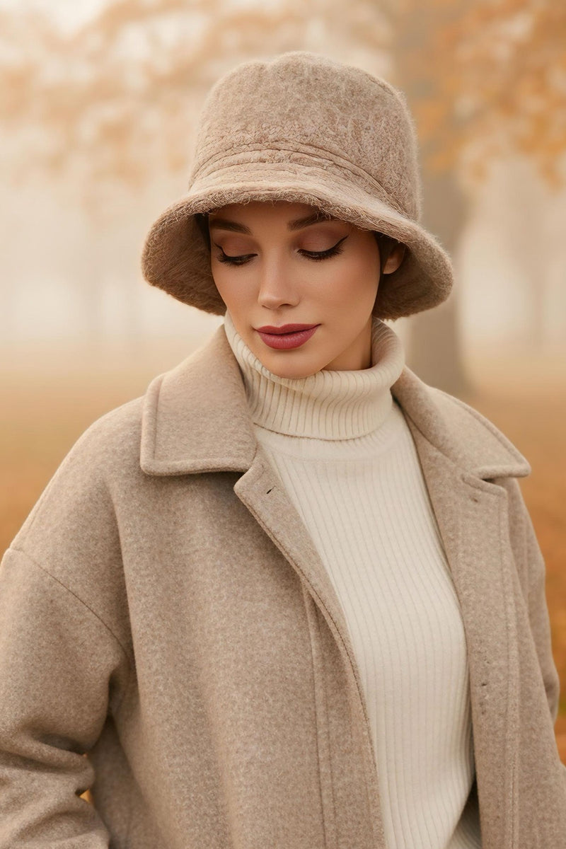 Bouclé Wool Winter Bucket Hat, Soft Textured Cozy Modest-Friendly Hat,B-99TK