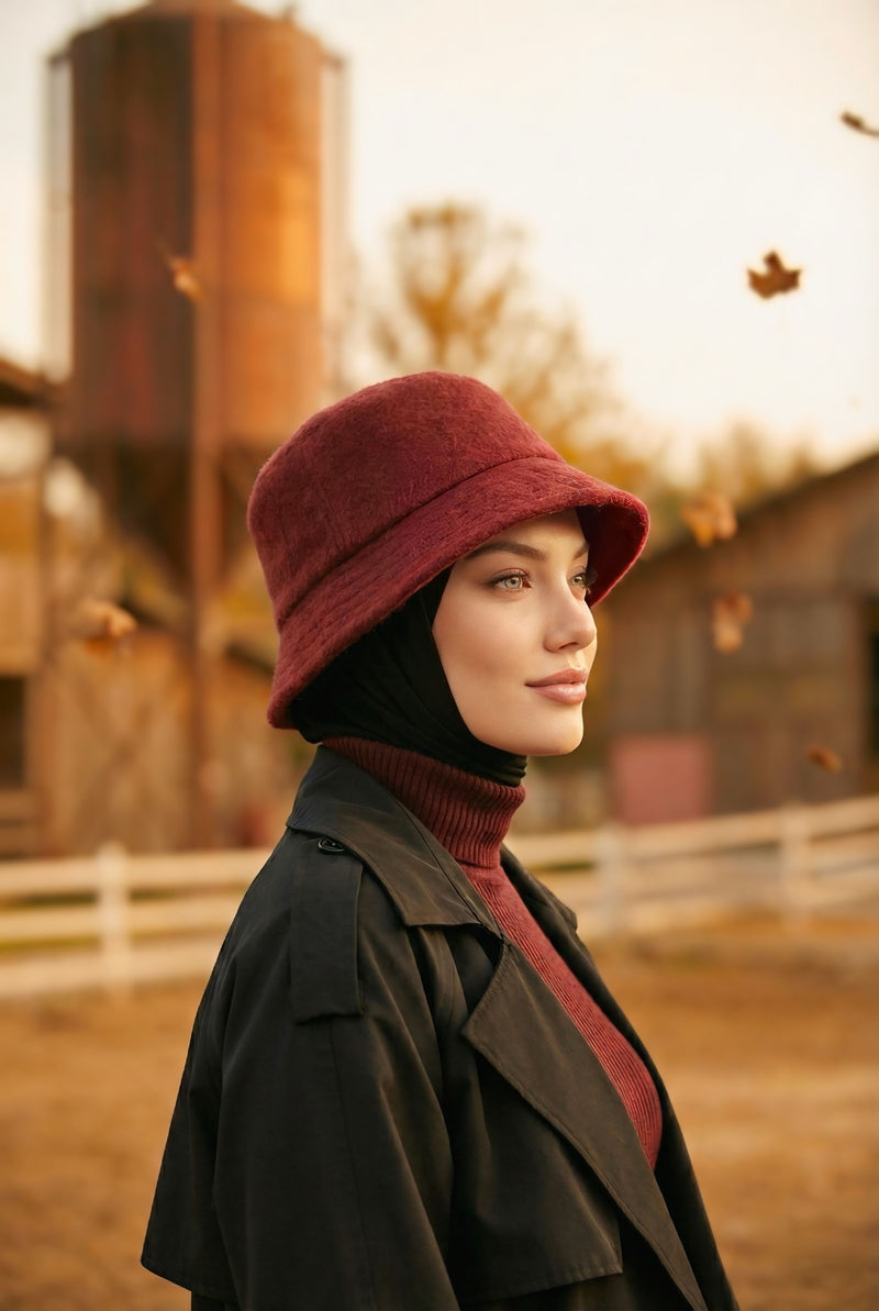 Bouclé Wool Winter Bucket Hat, Soft Textured Cozy Modest-Friendly Hat,B-99TK