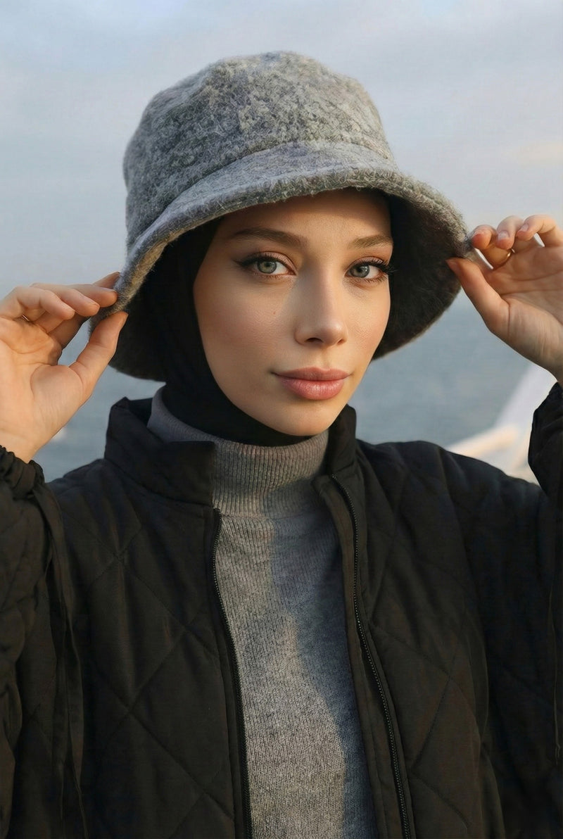 Bouclé Wool Winter Bucket Hat, Soft Textured Cozy Modest-Friendly Hat,B-99TK
