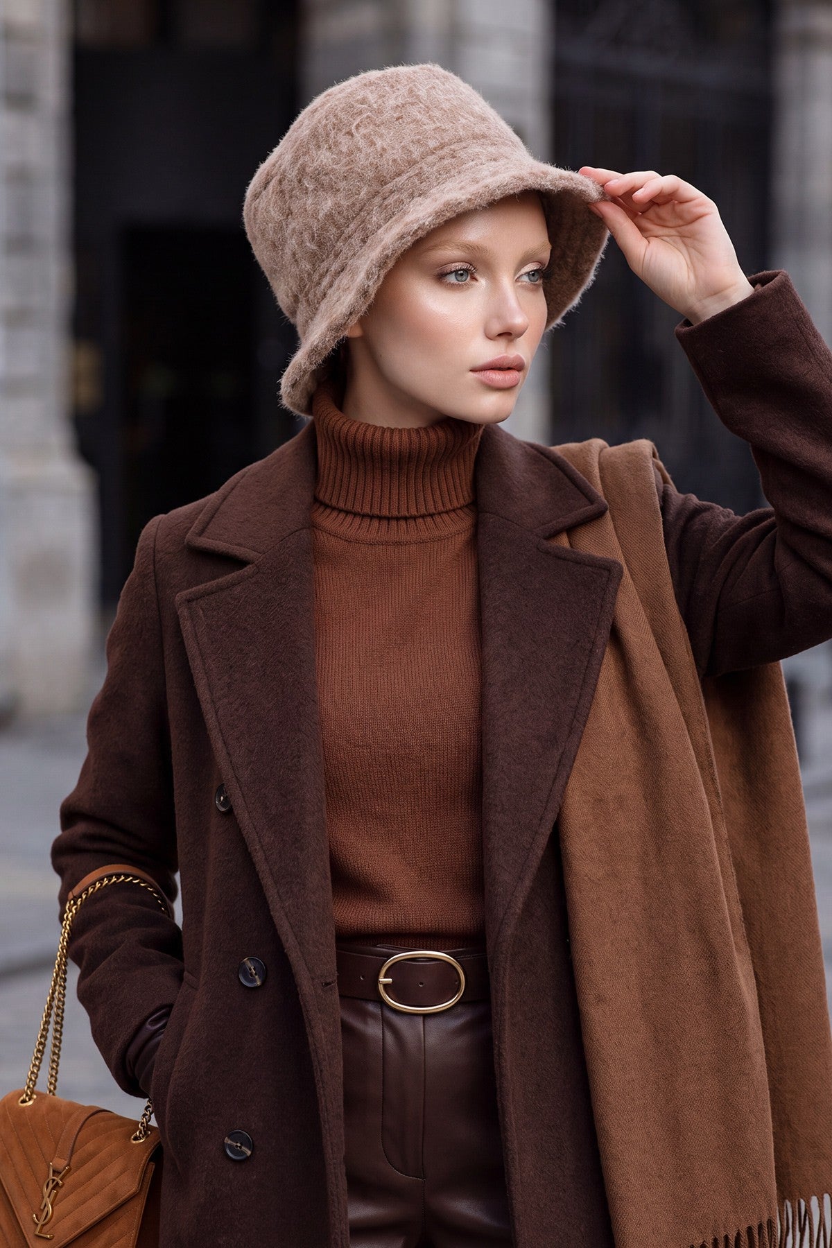 Bouclé Wool Winter Bucket Hat, Soft Textured Cozy Modest-Friendly Hat,B-99TK Stone