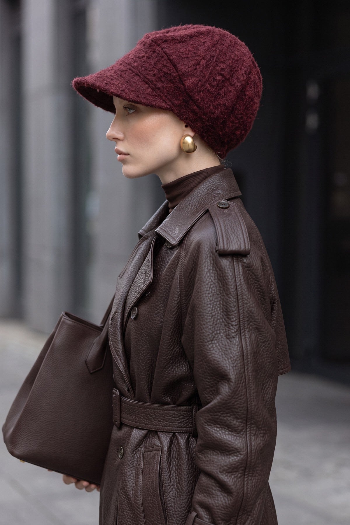 Bouclé Wool Winter Hijab Cap with Visor, Warm Bouclé Wool Hijab Cap with Built-In Visor for Cold Weather,B-73TK Maroon