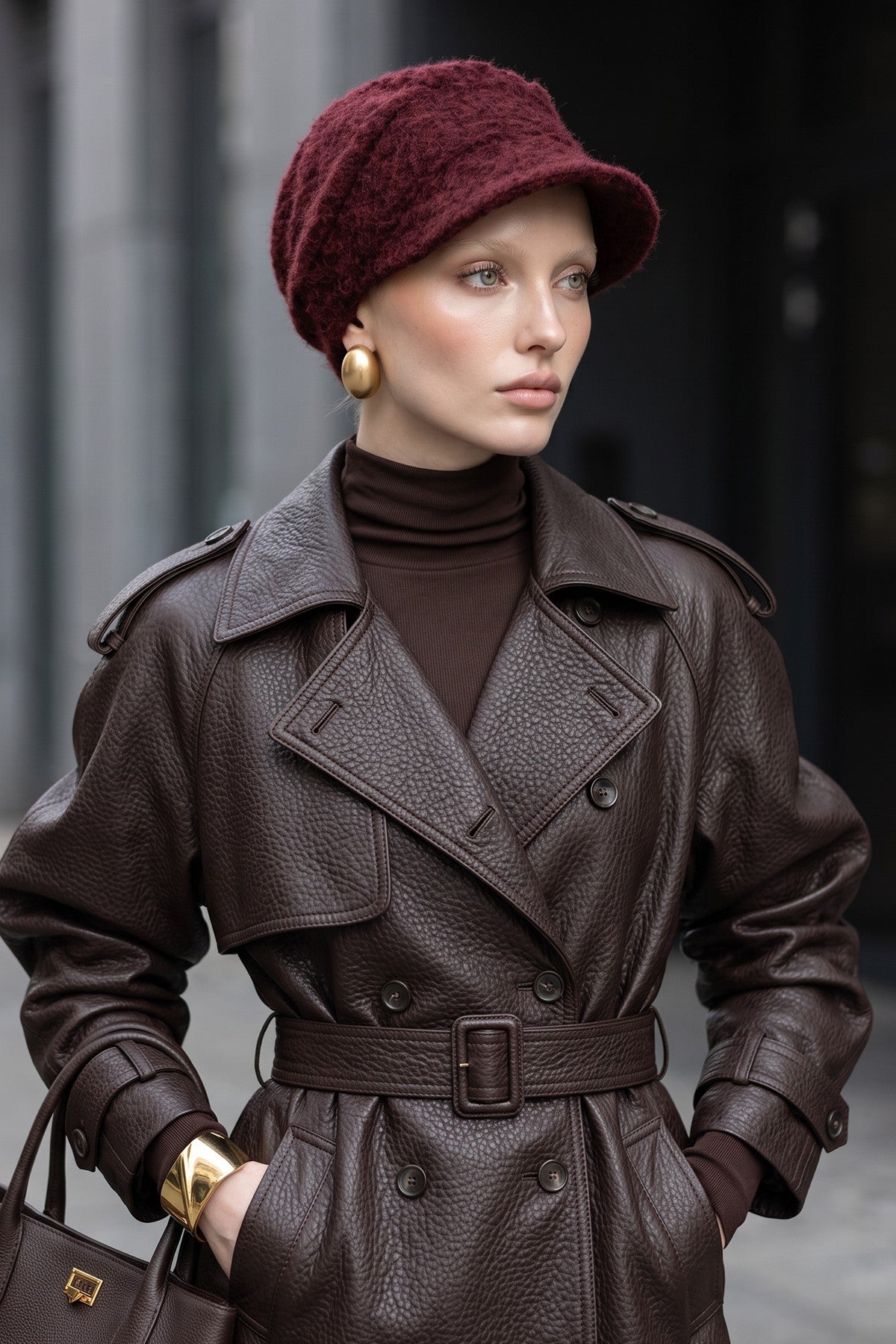 Bouclé Wool Winter Hijab Cap with Visor, Warm Bouclé Wool Hijab Cap with Built-In Visor for Cold Weather,B-73TK
