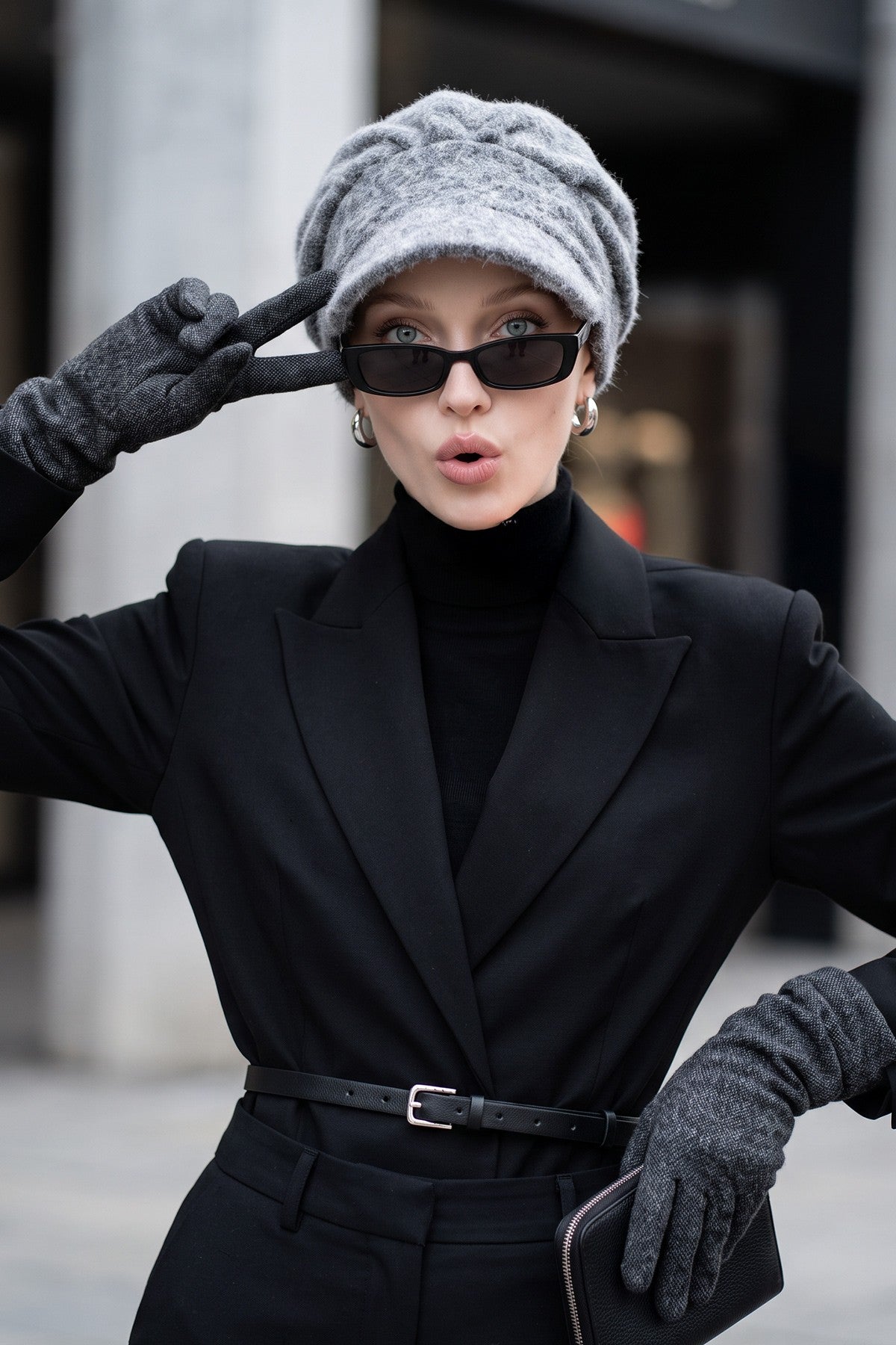 Bouclé Wool Winter Hijab Cap with Visor, Warm Bouclé Wool Hijab Cap with Built-In Visor for Cold Weather,B-73TK Grey