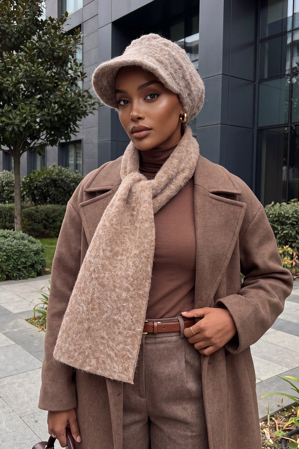Bouclé Wool Winter Visor Hijab Cap & Scarf Set, Cozy Textured Modest Winter Duo,BAT-2TK Stone