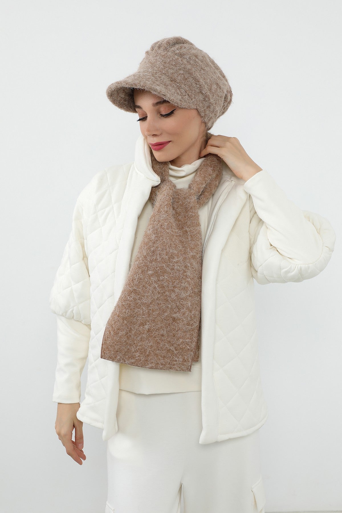 Bouclé Wool Winter Visor Hijab Cap & Scarf Set, Cozy Textured Modest Winter Duo,BAT-2TK