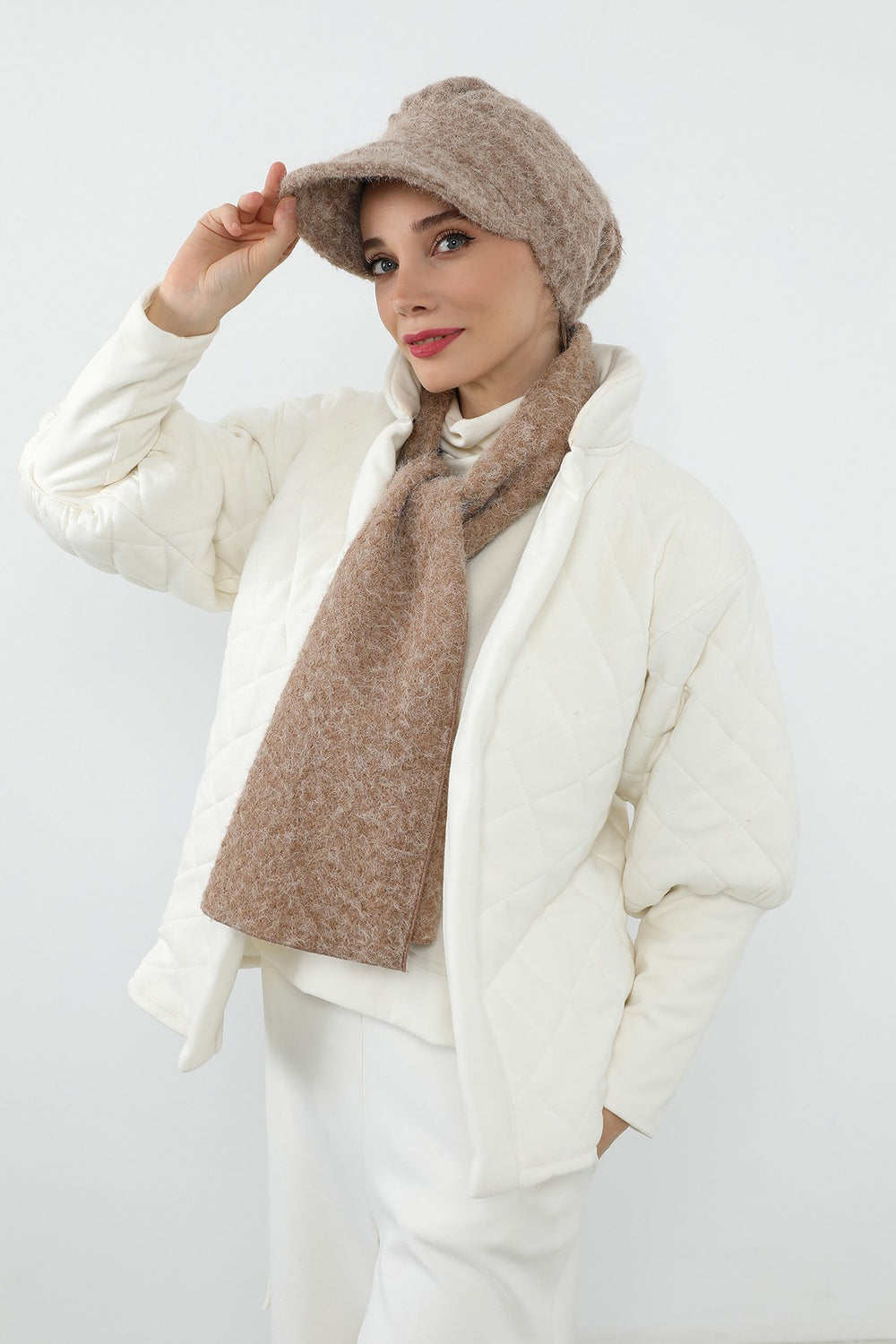 Bouclé Wool Winter Visor Hijab Cap & Scarf Set, Cozy Textured Modest Winter Duo,BAT-2TK