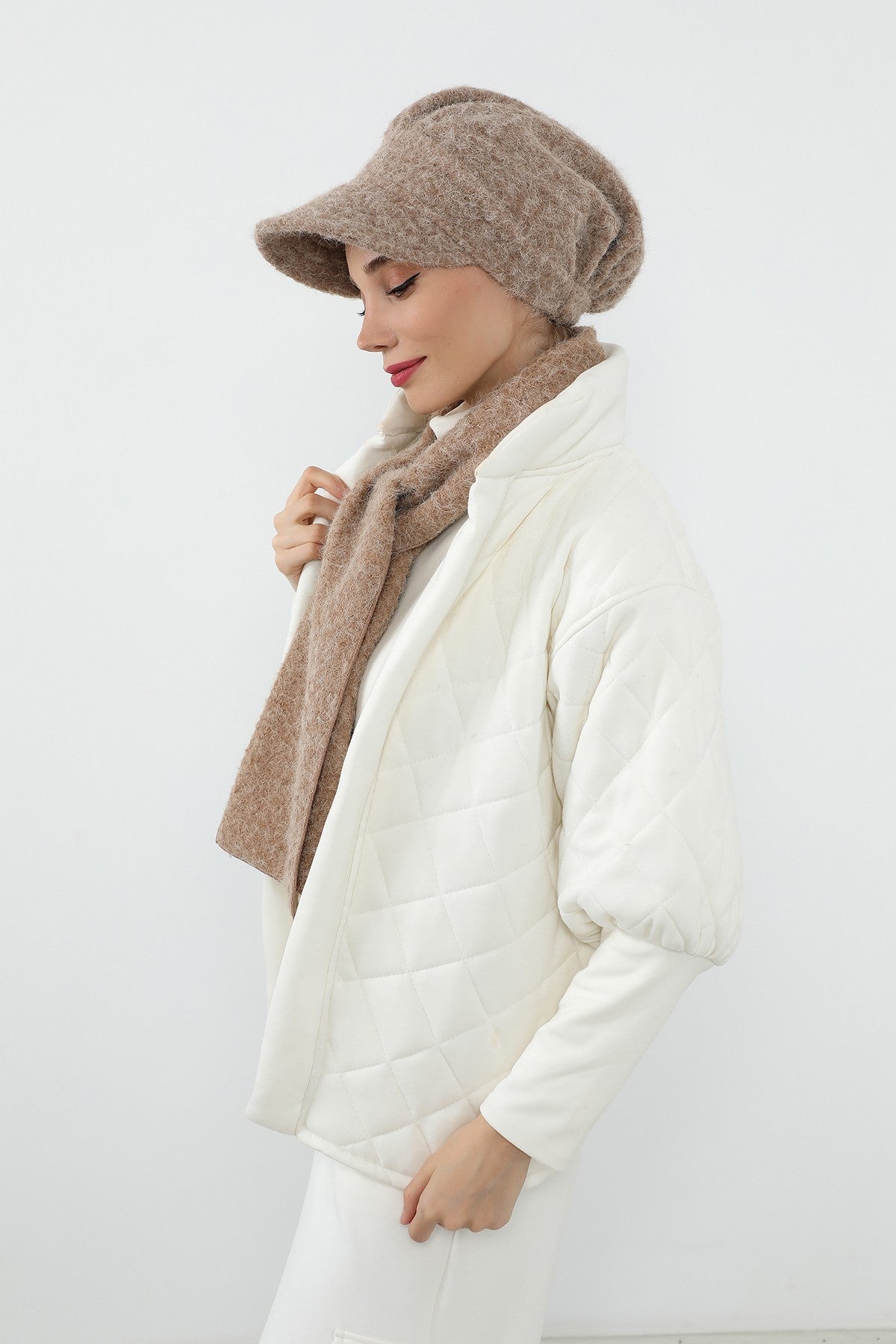 Bouclé Wool Winter Visor Hijab Cap & Scarf Set, Cozy Textured Modest Winter Duo,BAT-2TK