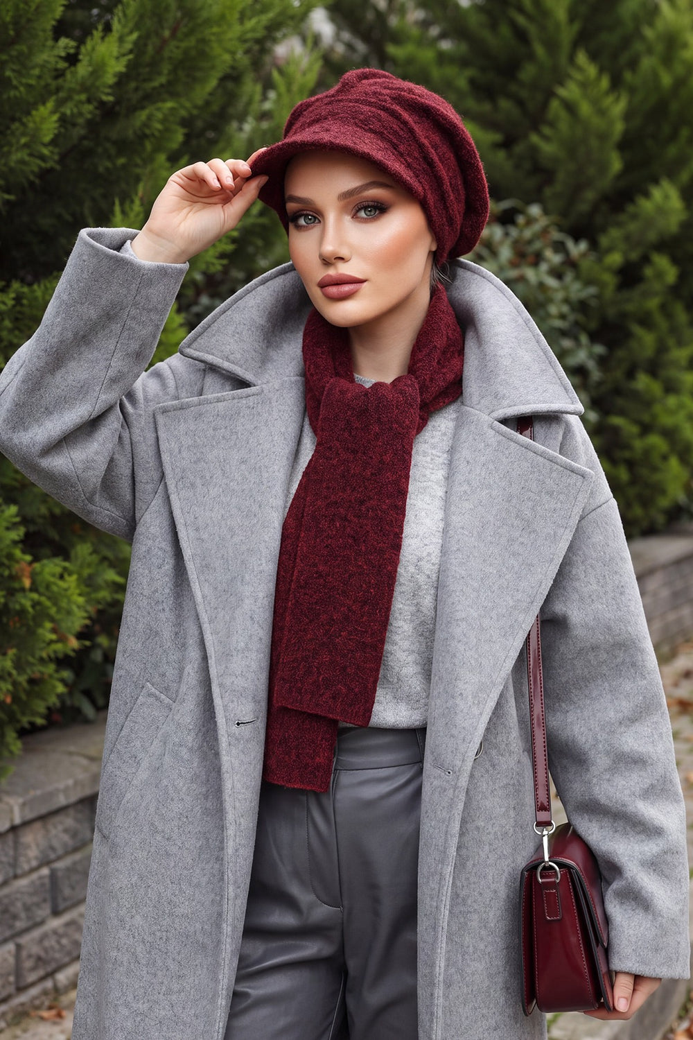 Bouclé Wool Winter Visor Hijab Cap & Scarf Set, Cozy Textured Modest Winter Duo,BAT-2TK Maroon