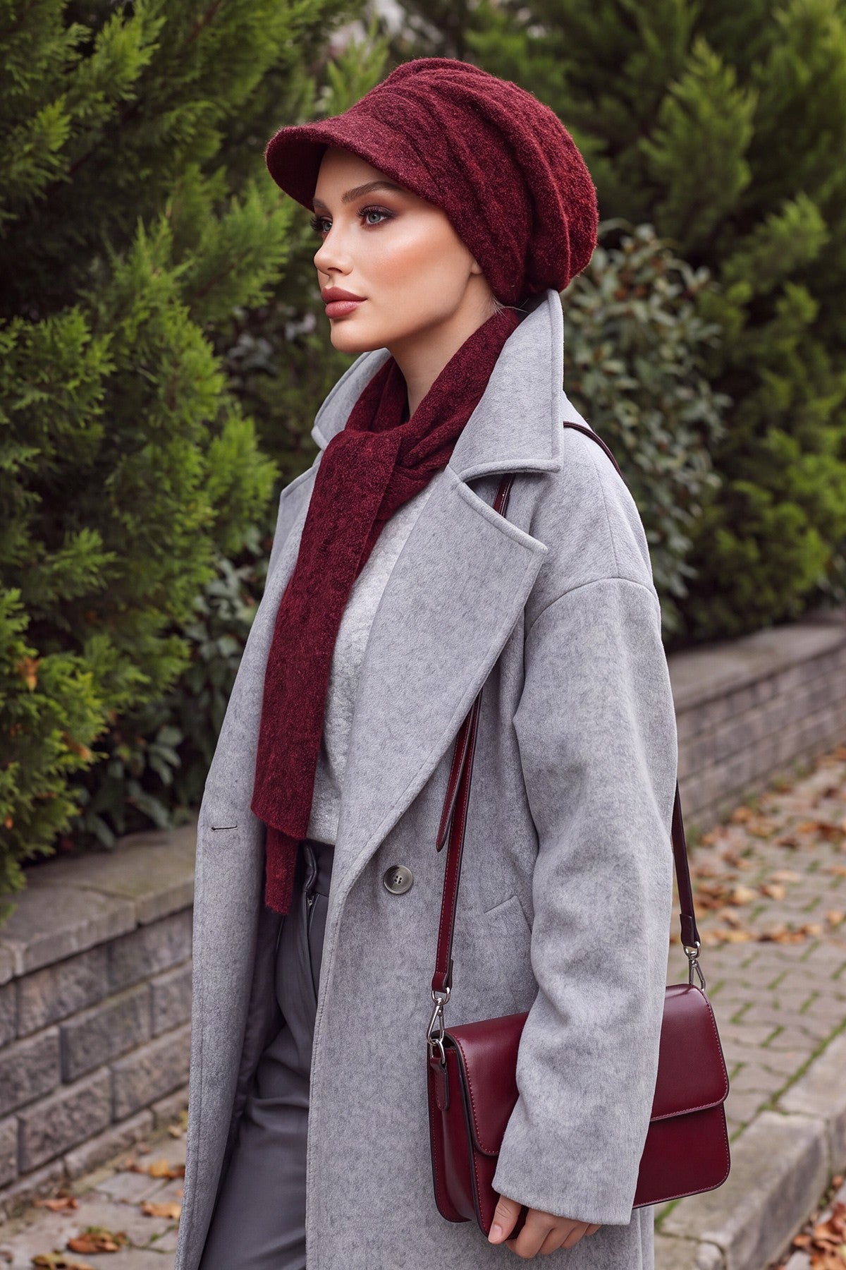 Bouclé Wool Winter Visor Hijab Cap & Scarf Set, Cozy Textured Modest Winter Duo,BAT-2TK