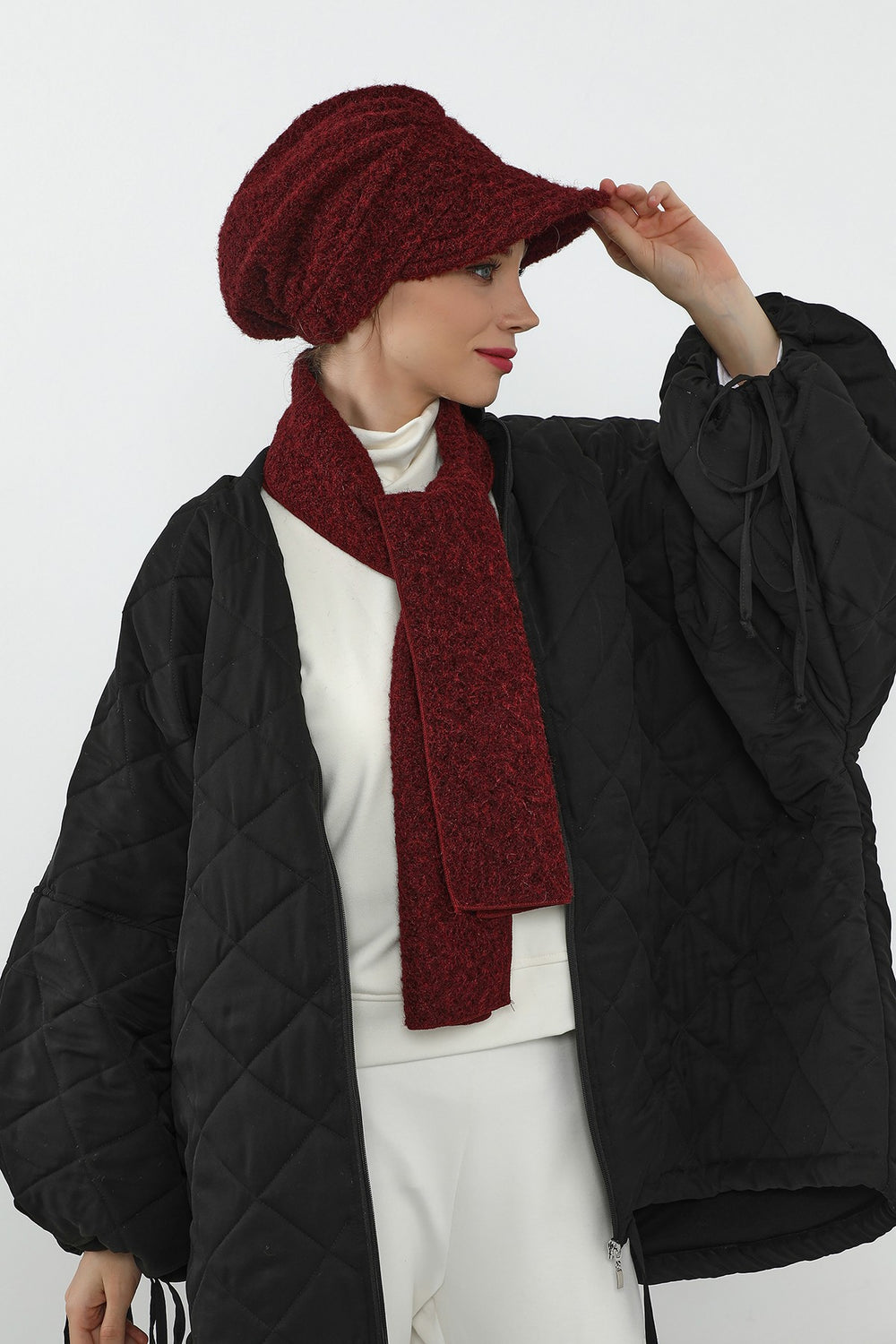 Bouclé Wool Winter Visor Hijab Cap & Scarf Set, Cozy Textured Modest Winter Duo,BAT-2TK