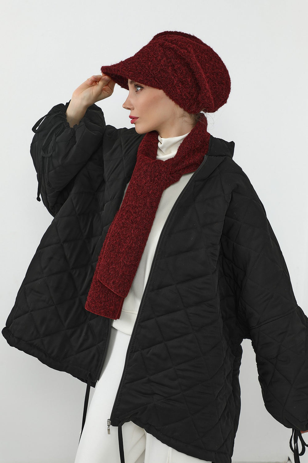 Bouclé Wool Winter Visor Hijab Cap & Scarf Set, Cozy Textured Modest Winter Duo,BAT-2TK