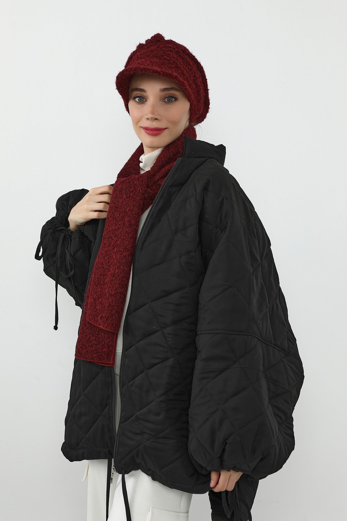 Bouclé Wool Winter Visor Hijab Cap & Scarf Set, Cozy Textured Modest Winter Duo,BAT-2TK