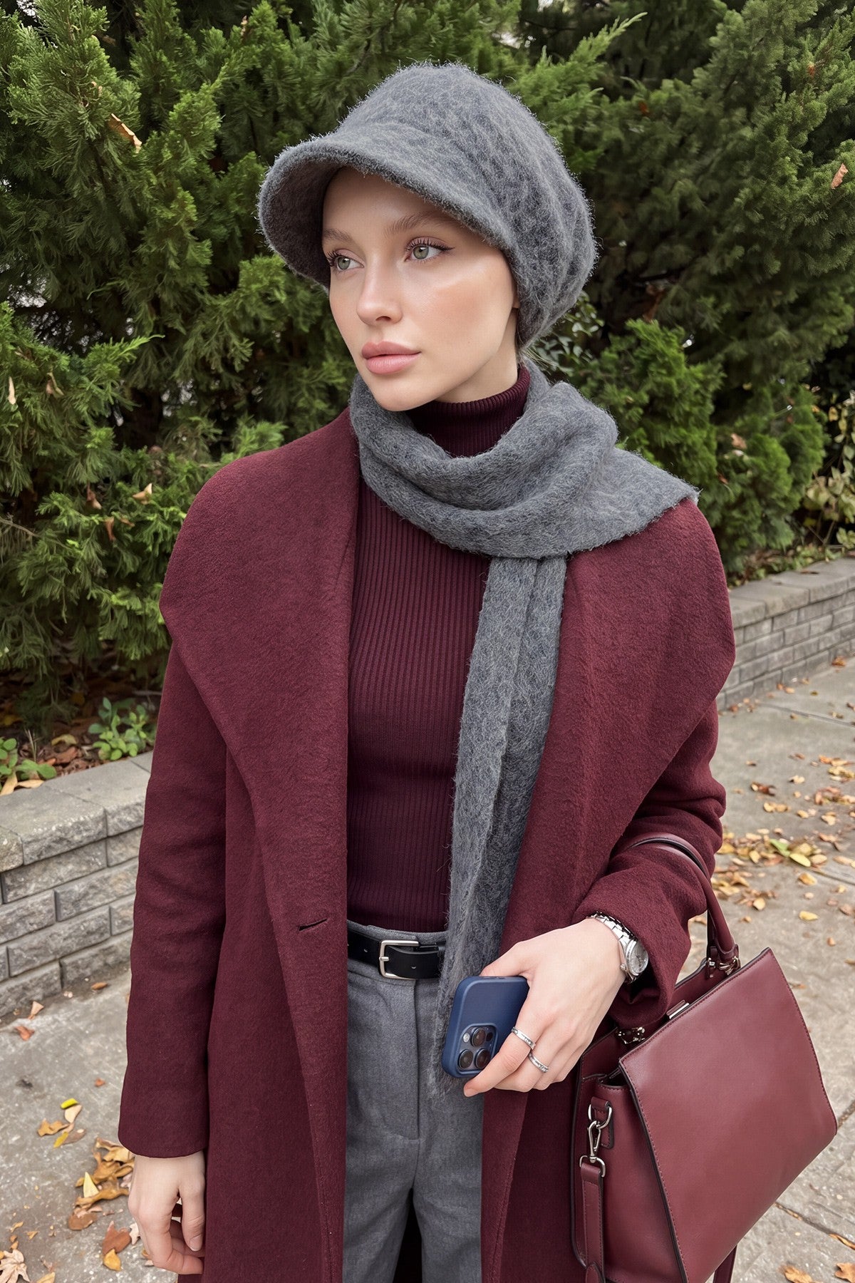 Bouclé Wool Winter Visor Hijab Cap & Scarf Set, Cozy Textured Modest Winter Duo,BAT-2TK Grey