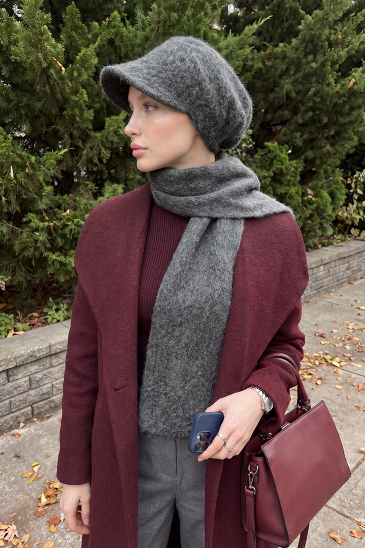 Bouclé Wool Winter Visor Hijab Cap & Scarf Set, Cozy Textured Modest Winter Duo,BAT-2TK