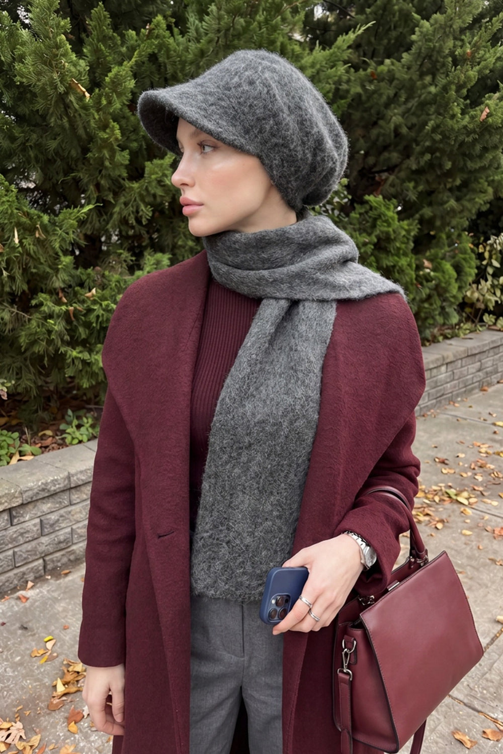Bouclé Wool Winter Visor Hijab Cap & Scarf Set, Cozy Textured Modest Winter Duo,BAT-2TK