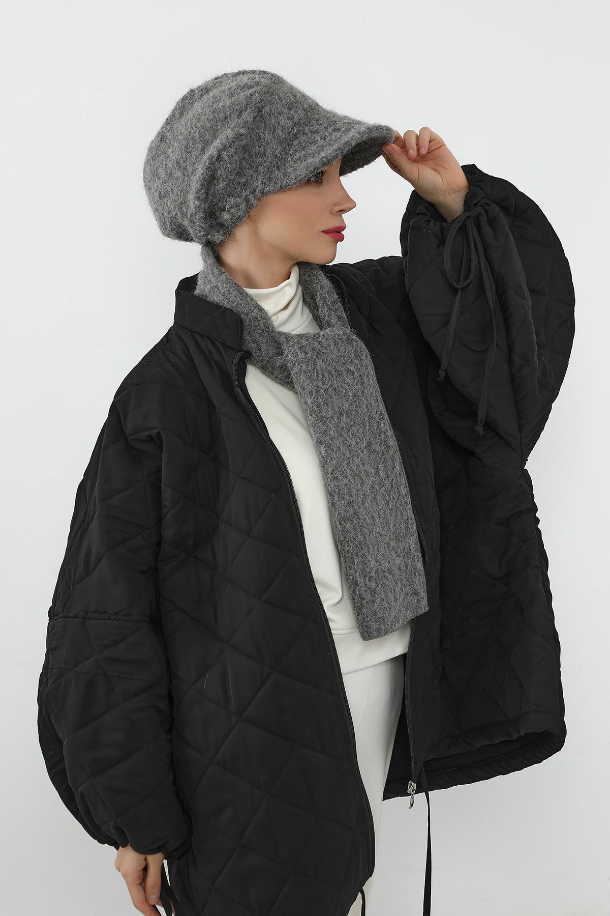 Bouclé Wool Winter Visor Hijab Cap & Scarf Set, Cozy Textured Modest Winter Duo,BAT-2TK
