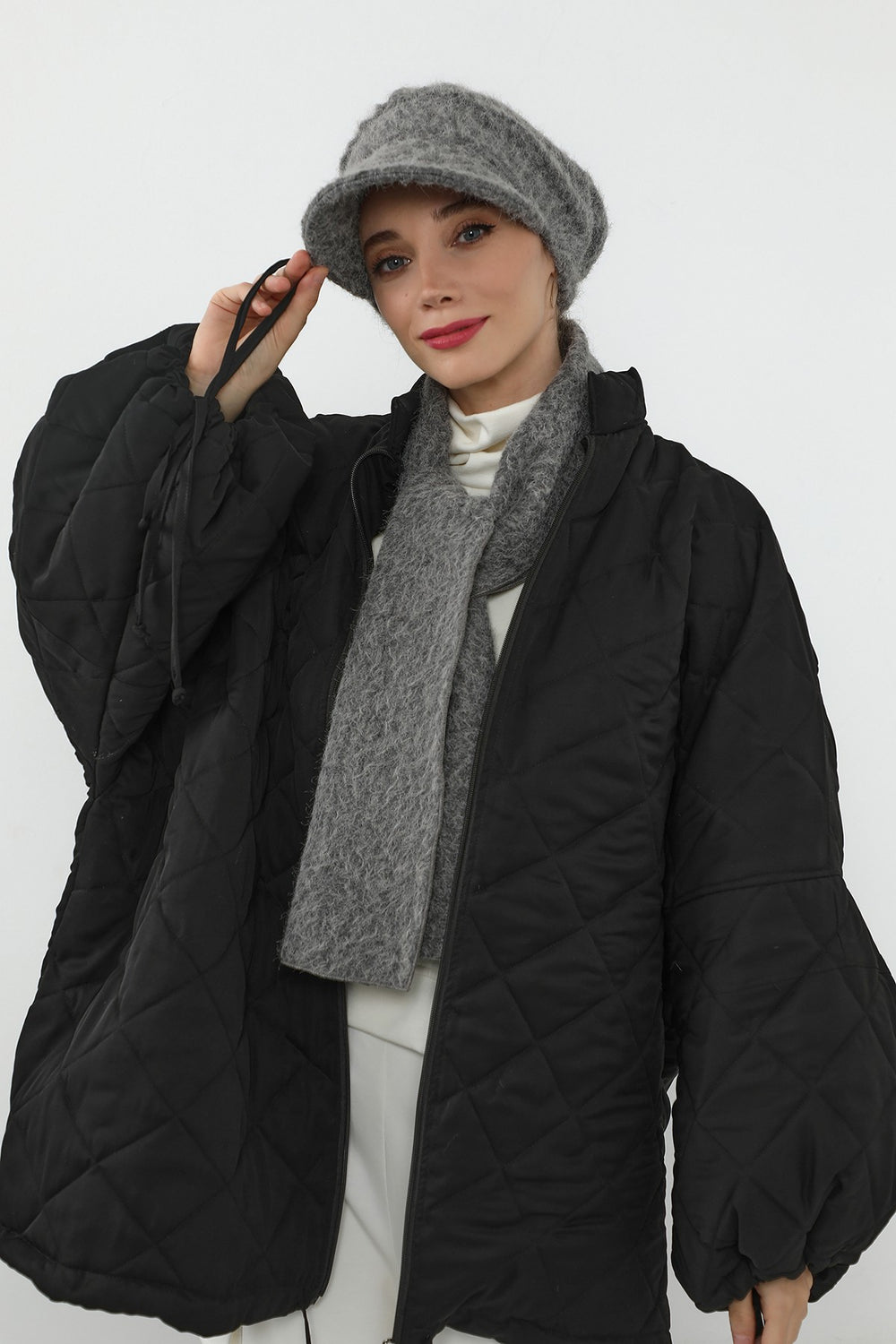 Bouclé Wool Winter Visor Hijab Cap & Scarf Set, Cozy Textured Modest Winter Duo,BAT-2TK