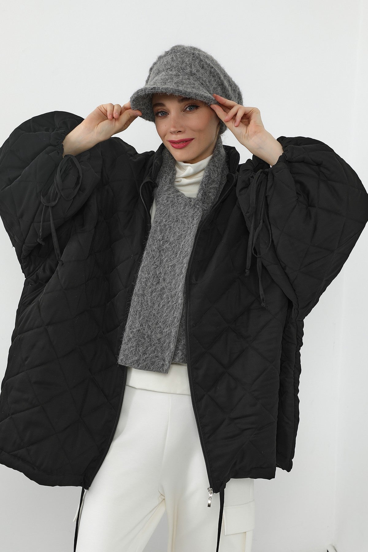 Bouclé Wool Winter Visor Hijab Cap & Scarf Set, Cozy Textured Modest Winter Duo,BAT-2TK