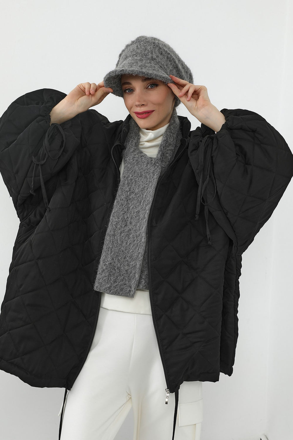 Bouclé Wool Winter Visor Hijab Cap & Scarf Set, Cozy Textured Modest Winter Duo,BAT-2TK