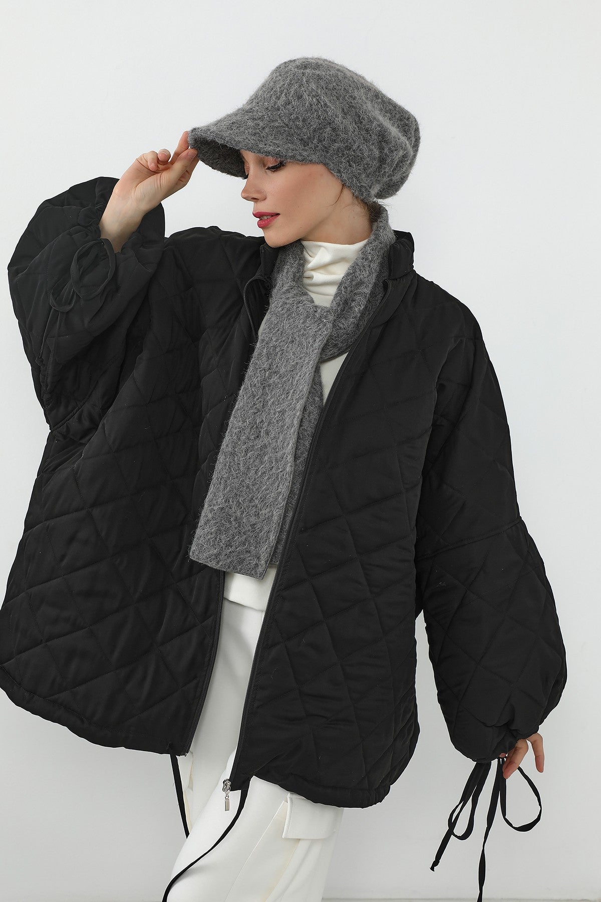 Bouclé Wool Winter Visor Hijab Cap & Scarf Set, Cozy Textured Modest Winter Duo,BAT-2TK