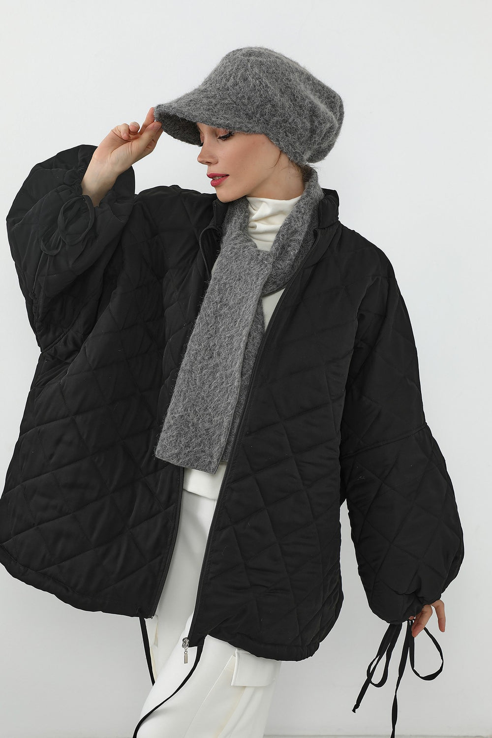 Bouclé Wool Winter Visor Hijab Cap & Scarf Set, Cozy Textured Modest Winter Duo,BAT-2TK