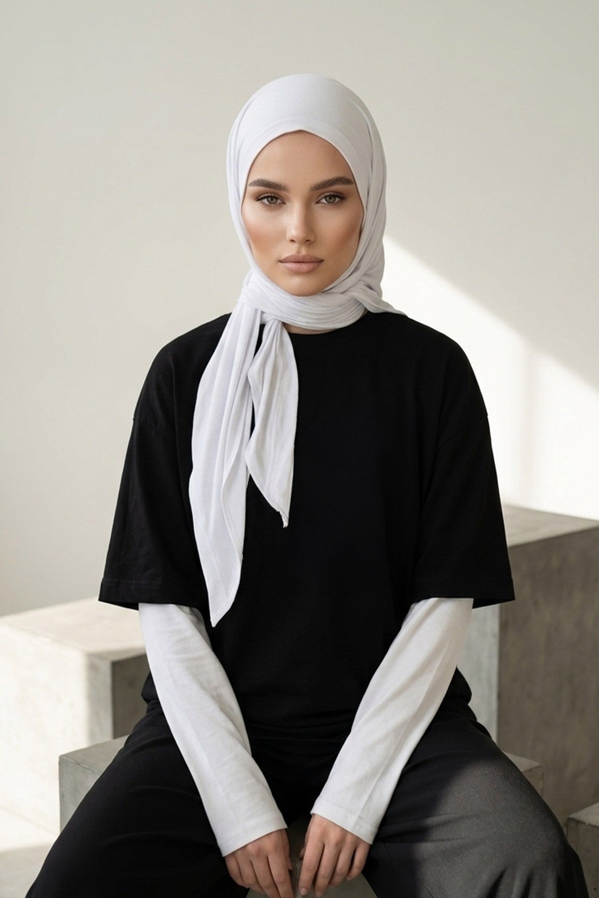 Breathable Cotton Hijab Scarf – Lightweight, Stretch, No-Slip Triangle Scarf for Everyday Comfort,B-41 White