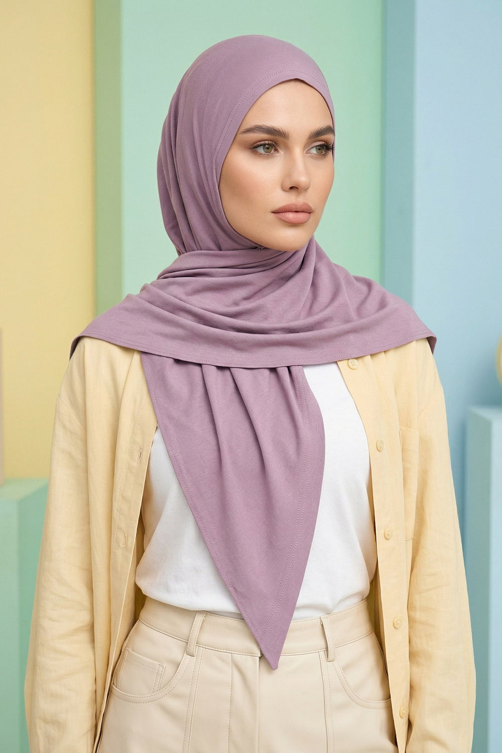 Breathable Cotton Hijab Scarf – Lightweight, Stretch, No-Slip Triangle Scarf for Everyday Comfort,B-41 Lilac