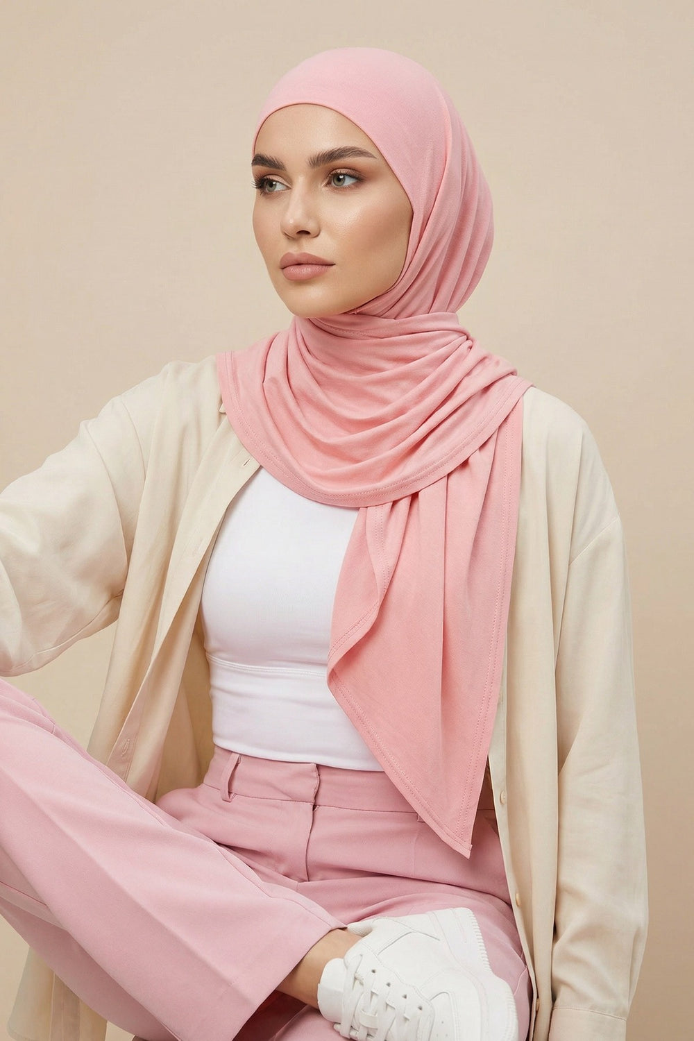 Breathable Cotton Hijab Scarf – Lightweight, Stretch, No-Slip Triangle Scarf for Everyday Comfort,B-41 Powder