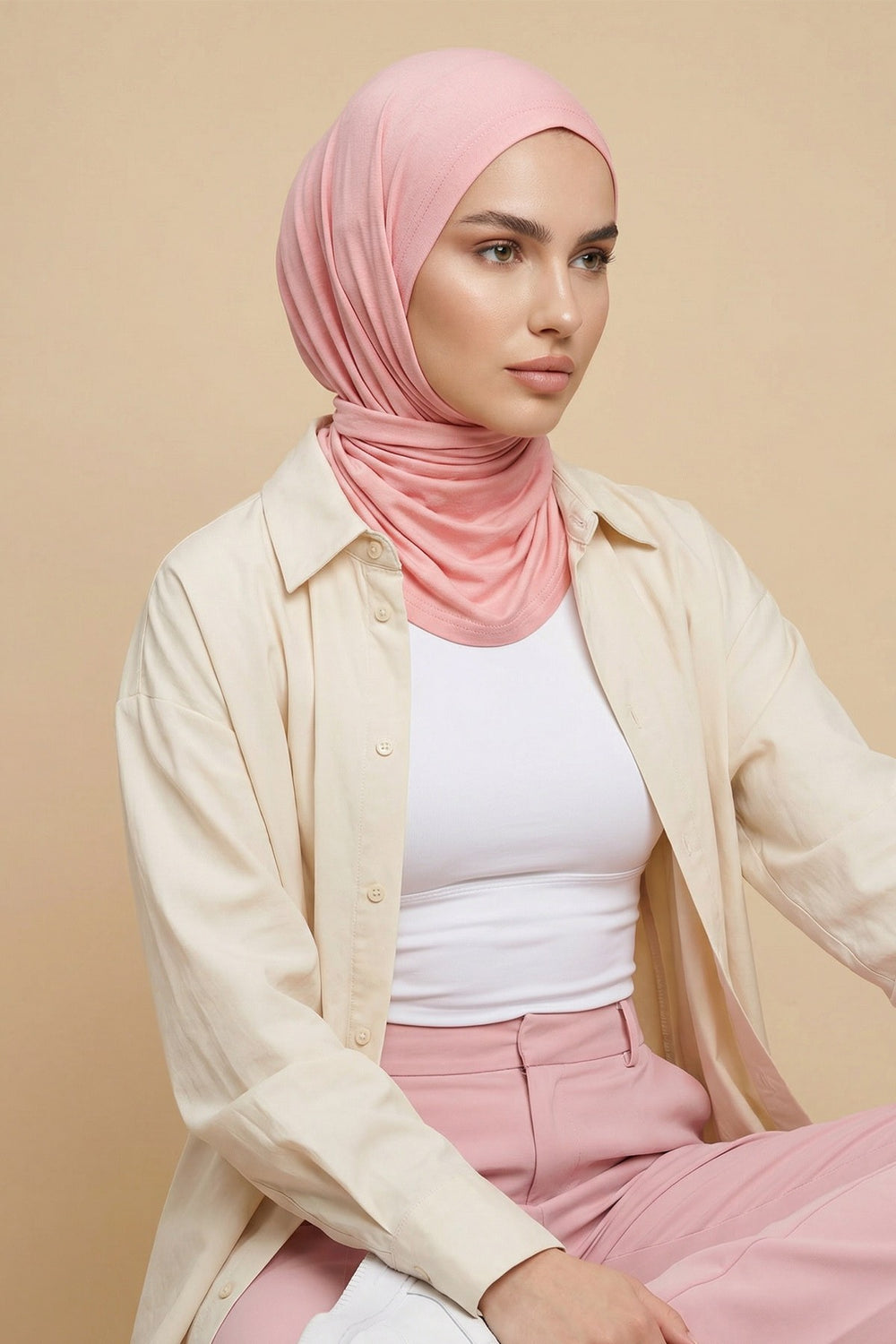Breathable Cotton Hijab Scarf – Lightweight, Stretch, No-Slip Triangle Scarf for Everyday Comfort,B-41 Powder