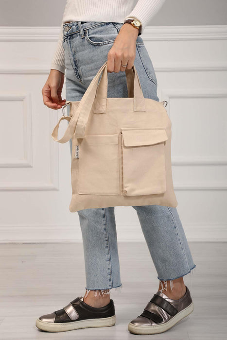 Canvas Hand Shoulder Tote Bag with Front Pockets Casual Large Capacity Daily Travel Shopping Bag,CK-20