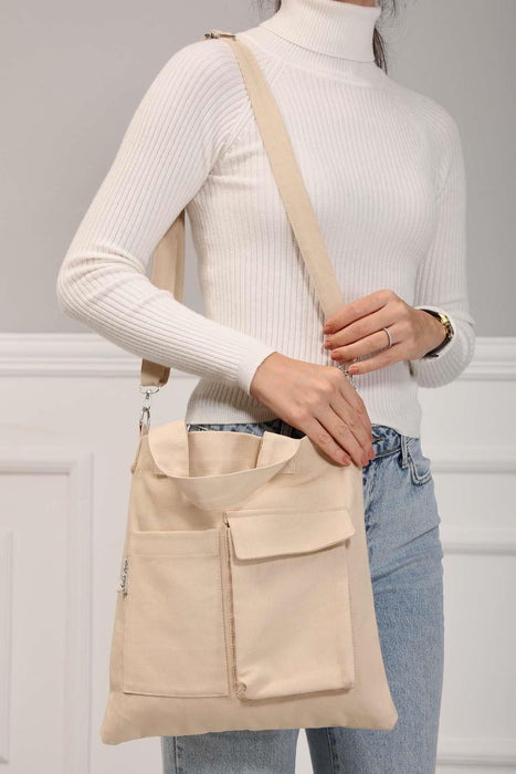 Canvas Hand Shoulder Tote Bag with Front Pockets Casual Large Capacity Daily Travel Shopping Bag,CK-20