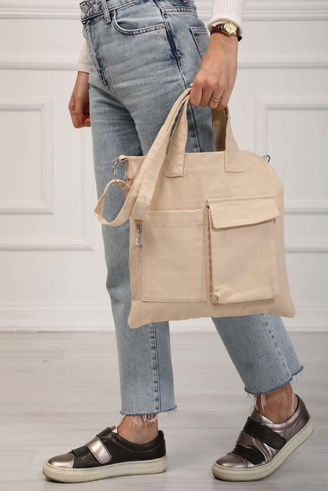 Canvas Hand Shoulder Tote Bag with Front Pockets Casual Large Capacity Daily Travel Shopping Bag,CK-20