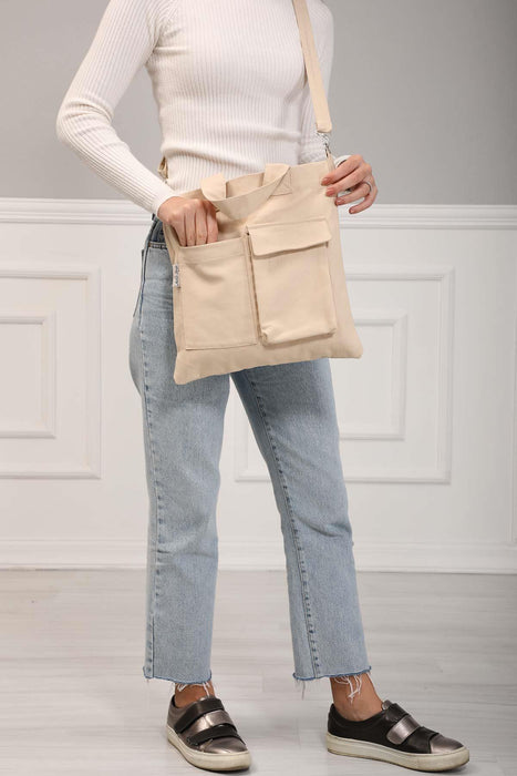 Canvas Hand Shoulder Tote Bag with Front Pockets Casual Large Capacity Daily Travel Shopping Bag,CK-20