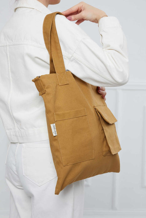 حقيبة كتف قماشية مع جيوب أمامية، حقيبة تسوق يومية ذات سعة كبيرة، CK-20