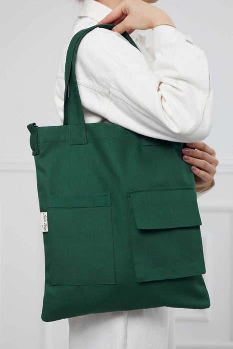 حقيبة كتف قماشية مع جيوب أمامية، حقيبة تسوق يومية ذات سعة كبيرة، CK-20