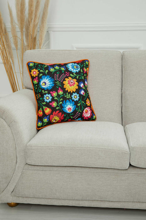 Floral Pillow Cover with Orange Piping, 18x18 Inches Full of Flowers Throw Pillow Cover with Cording, Decorative Floral Cushion Cover,K-276
