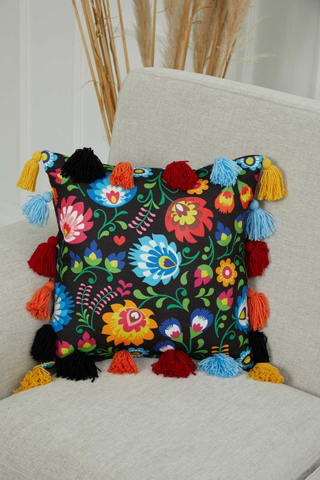 Kissenbezug mit Karnevalsmotiv und vielen bunten Quasten, 18 x 18 Zoll, bedruckter Kissenbezug mit Blumenmuster und Quastendesign, K-277